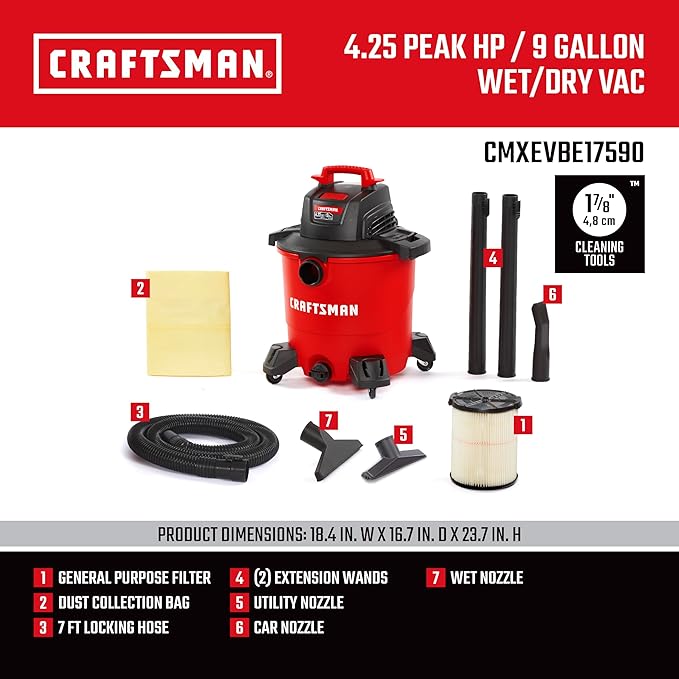 CRAFTSMAN CMXEVBE17590 9 Gallon 4.25 Peak HP Wet Dry Vac, Portable Shop Vacuum Wet and Dry with Filter, Dust Bag, Hose and At