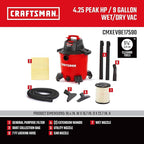 CRAFTSMAN CMXEVBE17590 9 Gallon 4.25 Peak HP Wet Dry Vac, Portable Shop Vacuum Wet and Dry with Filter, Dust Bag, Hose and At