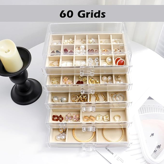 YUFONG Jewelry Organizer with 5 Drawers Clear Acrylic Earring Display Case Velvet Jewelry Storage Box Display Holder for Earr