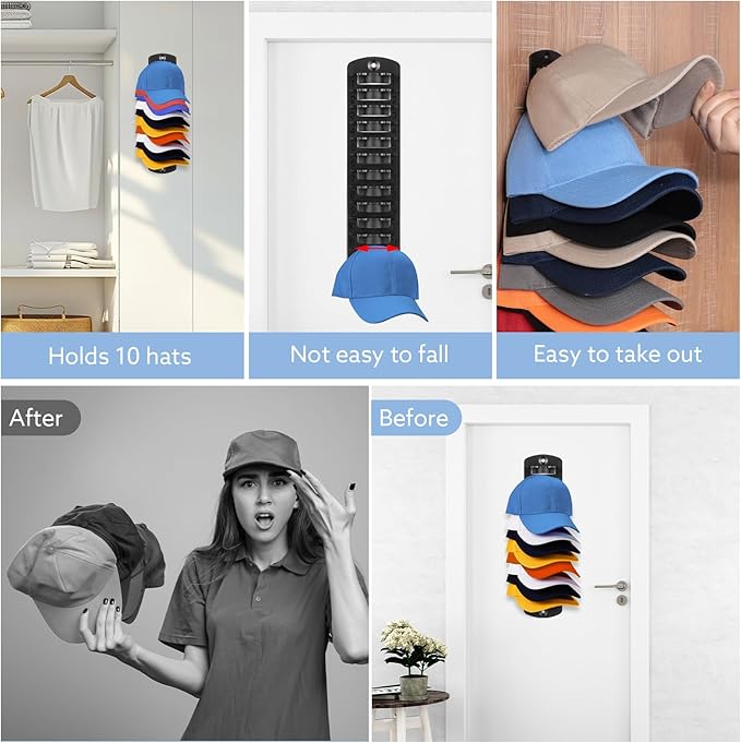 Dntorx Hat Organizer for Baseball Caps, 2 Pack Hat Rack for Wall Hold up to 20 Hats Adhesive Hat Hooks Stand Hat Hanger Organ