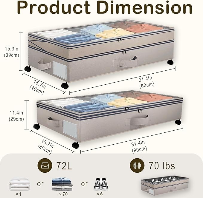 2 Pack Under Bed Storage with Wheels- Adjustable Underbed Rolling Storage Organizer Containers for Clothes and Shoe, 72L Larg