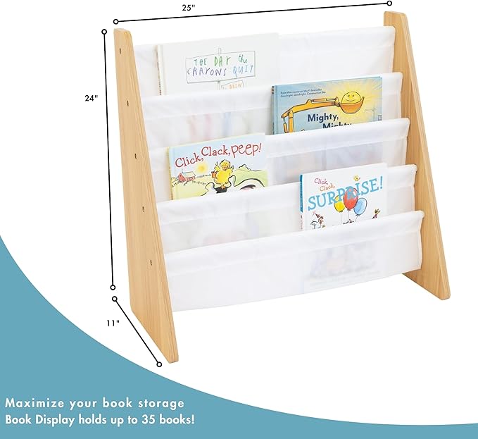 Humble Crew 4-Tier Kids Bookshelf, Natural Wood/White - Premium Book Shelf for Kids Rooms with Four Deep Pockets - Toddler Sl