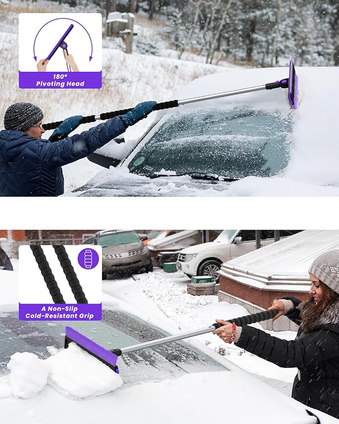 helloleiboo 2025 Extra Long 55.7" Ice Scrapers for Car Windshield Multi-Functional Detachable Car Ice Scraper with Foam Grip and 270° Pivoting Brush Head Snow Brush for SUV Truck Auto(Purple)