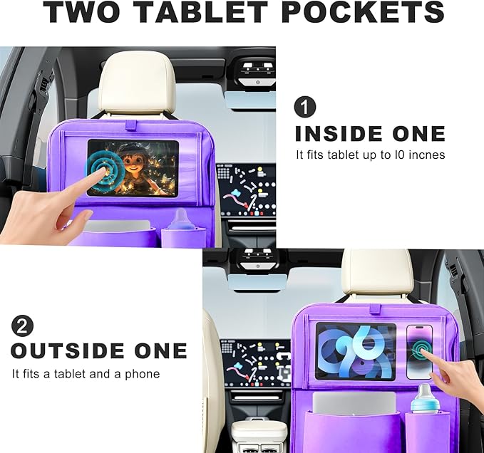 2Pack Car Backseat Organizer with Foldable Table Tray,6 Storage Pockets Car Storage Organizer with Tablet Holder,Car Seat Back Protectors Kick Mats Travel Accessories (Purple)