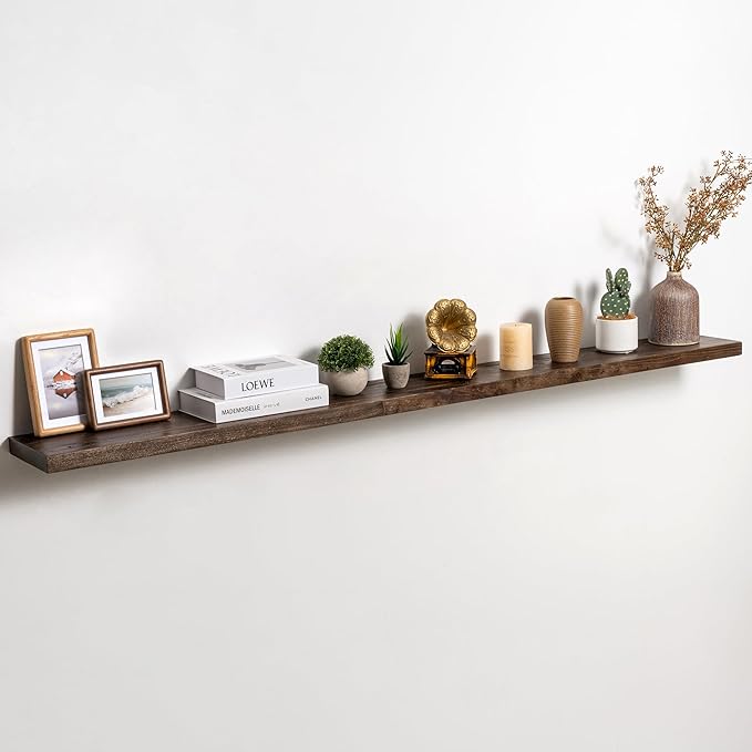 Fun Memories Solid Elm Wood Floating Shelves Set of 1-72 Inch Rustic Wall Shelves with Heavy-Duty Invisible Brackets - for Li