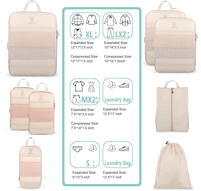 Compression Packing Cubes for Travel, Bunnychill Portable Zipper Packing Cube for Cloting, Expandable Space Saver Storage Lug