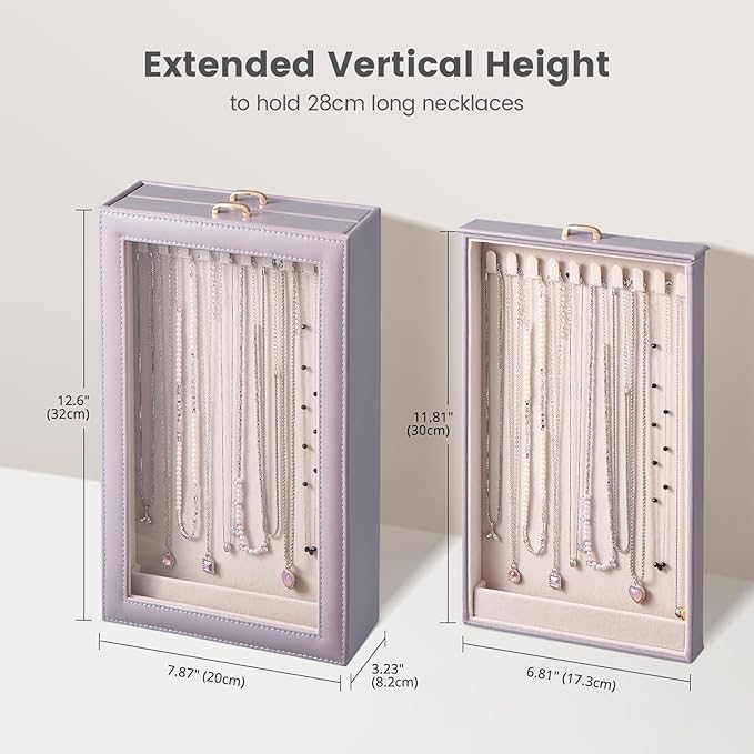 Lolalet Necklace Organizer Box, Jewelry Storage Box with Clear Window for Necklaces Bracelets, Tangle-Free Necklace Display C