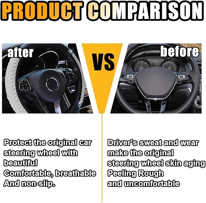 Bling Soft Leather Steering Wheel Cover, 15 Inch Colorful Rhinestones Auto Elastic Protector with Crystal Diamond for Women G
