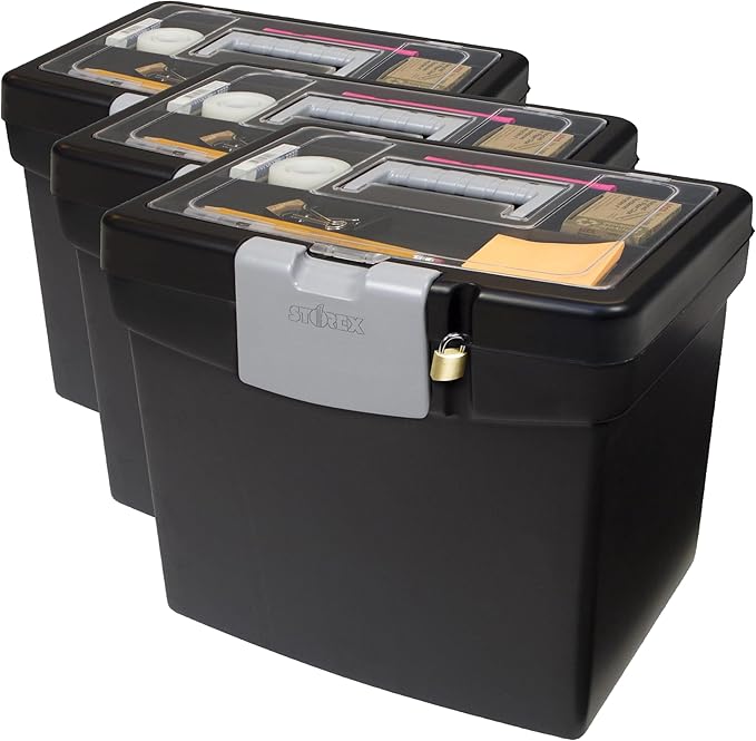 Storex 61504B02C Portable File Box with XL Lid, 11 x 13-1/2 x 11 Inches, Black (Pack of 3)