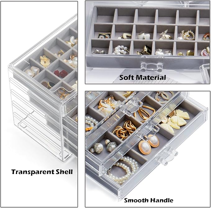 YUFONG Jewelry Organizer with 5 Drawers Clear Acrylic Earring Display Case Velvet Jewelry Storage Box Display Holder for Earr