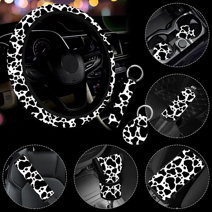 10 Pieces Cow Car Steering Wheel Cover Center Console Armrest Pad Headrest Seat Belt Cover Handbrake Cover Keychain Coaster Full Set Car SUV(Cow)