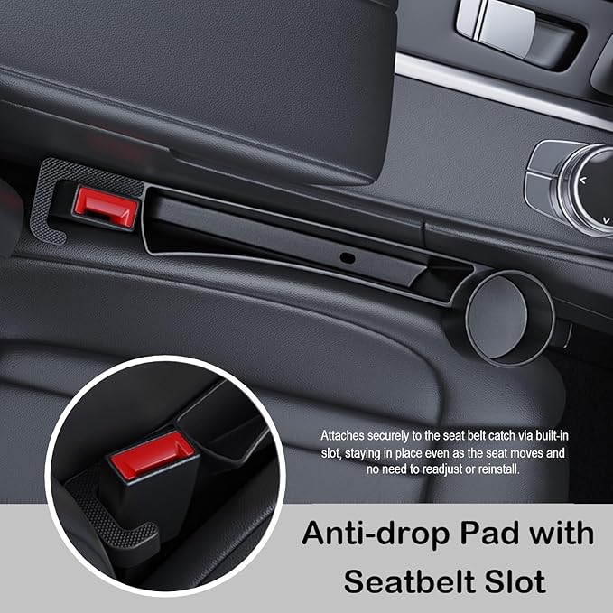 Car Seat Gap Plug with Storage Slot, Auto Gap Filler Organizer with Cup Holder, Universal Carseat Side Gap Filler Strip 2 Pack Between Front Seats & Console, Anti-Drop Pad with Seatbelt Holes, Black