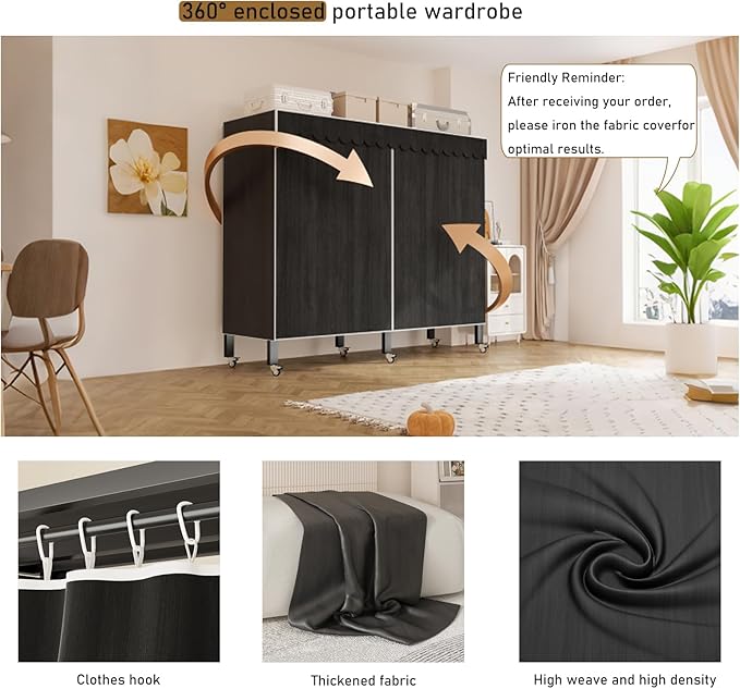Heavy Duty Portable Wardrobe, Metal Foldable Covered Clothes Rack, 1500LBS, Freestanding Closet System Rolling Garment Rack, 