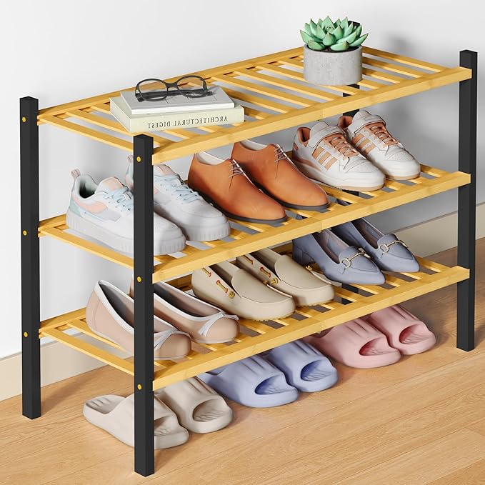 Smiry Bamboo Shoe Rack for Closet, 3 Tier Wooden Stackable Shoe Organizer, Free Standing Shoes Storage Shelf for Entryway, Fr