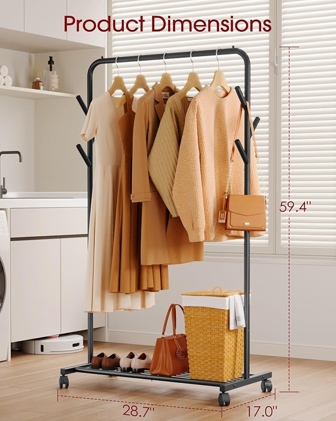 Sakugi Clothes Rack - Metal Coat Rack with Bottom Shelf, Portable Wardrobe Rack with 6 Side Rods, Rolling Clothing Rack for H