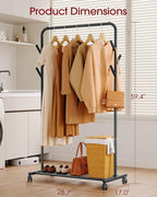 Sakugi Clothes Rack - Metal Coat Rack with Bottom Shelf, Portable Wardrobe Rack with 6 Side Rods, Rolling Clothing Rack for H