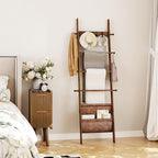 ELYKEN Blanket Ladder, 5-Tier Farmhouse Wooden Rack with Synthetic Leather Pocket, 4 Removable Hooks, Decorative Leaning Ladd