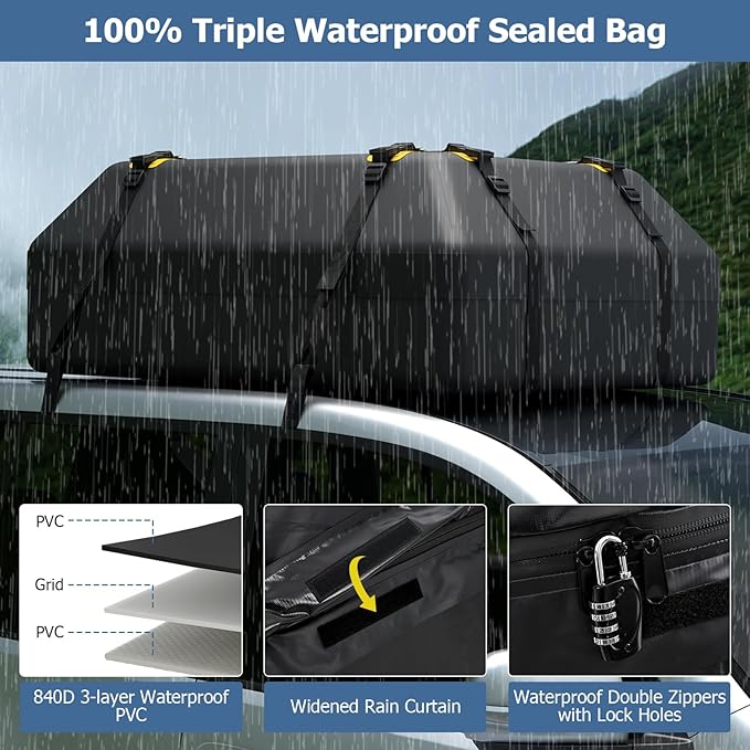 Goplus 15 Cu.Ft Roof Bag Cargo Carrier, Roof Top Luggage Bag for All Vehicles with/Without Roof Racks, Non-Slip Mat, Digital Lock, Waterproof Roof Bag for Various Cars w/6 Door Hooks (15 Cu.Ft)