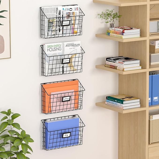 X-cosrack 4-Tier Hanging Wall File Holder Vertical Wall Mount Metal Wall File Organizer with Tag Slot Document Magazine Rack 