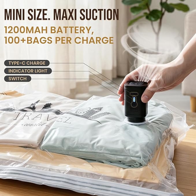 TAILI Vacuum Storage Bags with Rechargeable Cordless Pump, 8 Pack (3M+3L+2XL), Compression Packing Cube for Luggage and Suitc