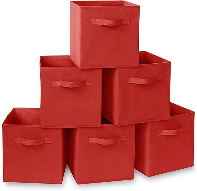 Casafield Set of 6 Collapsible Fabric Cube Storage Bins, Red - 11" Foldable Cloth Baskets for Shelves, Cubby Organizers & Mor