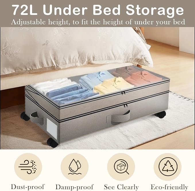 2 Pack Under Bed Storage with Wheels- Adjustable Underbed Rolling Storage Organizer Containers for Clothes and Shoe, 72L Larg