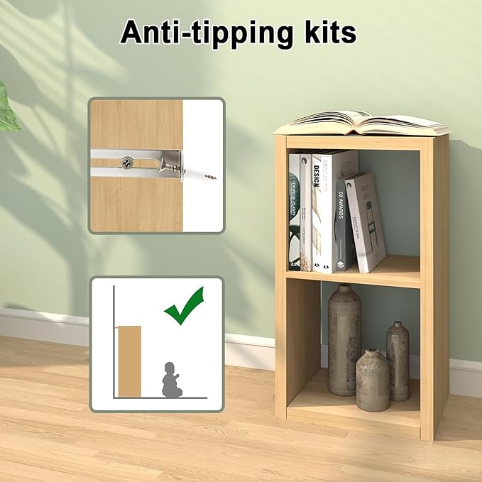 CTESNE【2026 Wooden Thick Frame 2 Cube Storage Organizer Shelf with Anti-Tipping Kits + Reversible Open Back Bookcase, Horizon