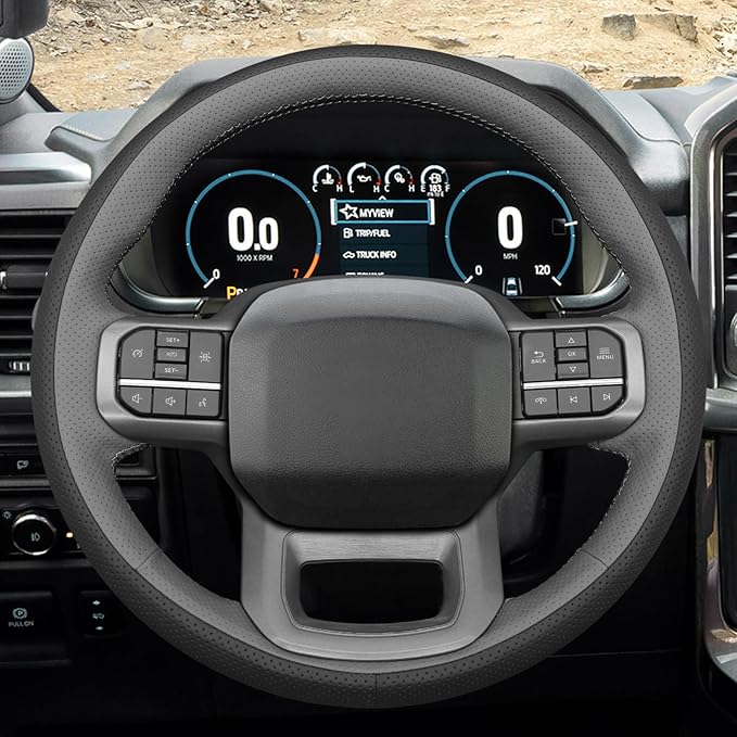 MEWANT Hand Stitch Black Grey Artificial Leather Steering Wheel Cover for Ford F150 Lightning F350 2024 Expedition