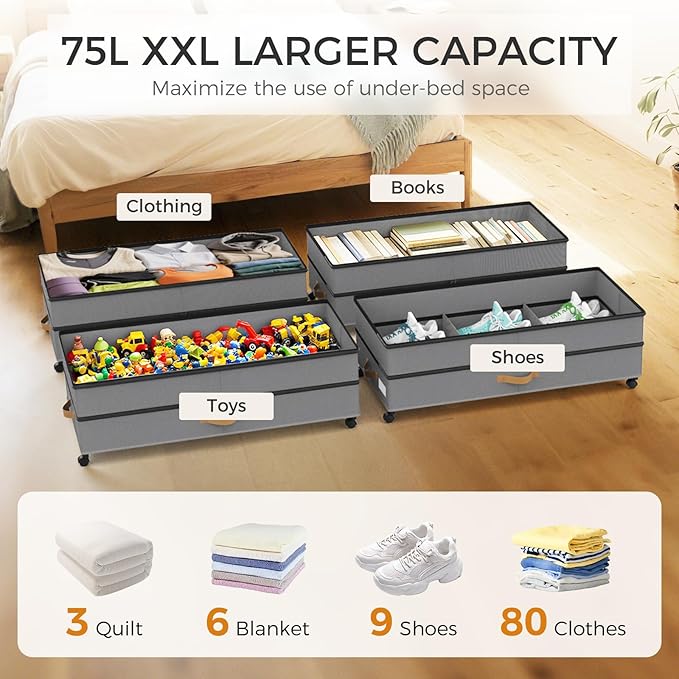 Under Bed Storage with Wheels 4-Pack, 75L XXL Under the Bed Storage Containers Large, 12" Tall Adjustable Storage for Underbe