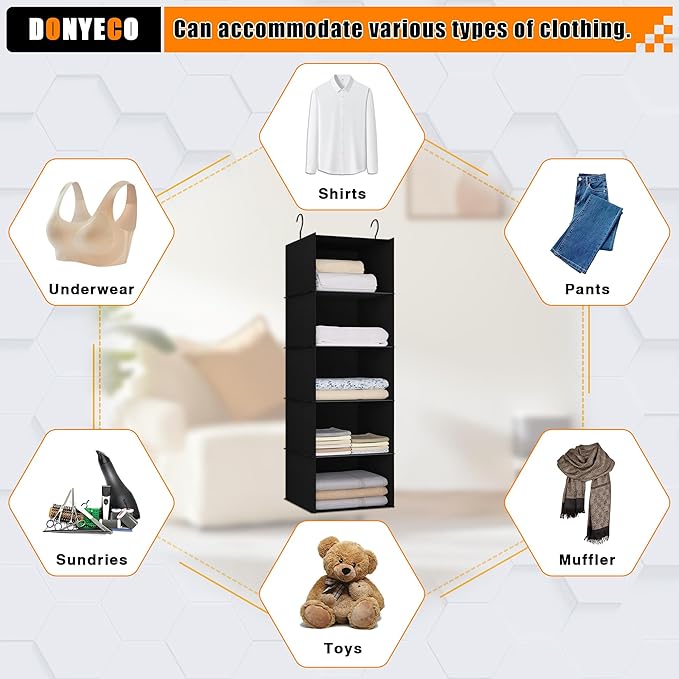 Hanging Closet Organizer and Storage 5-Shelf, Easy Mount Foldable Hanging Closet Wardrobe Shelves, Clothes Handbag Shoes Acce