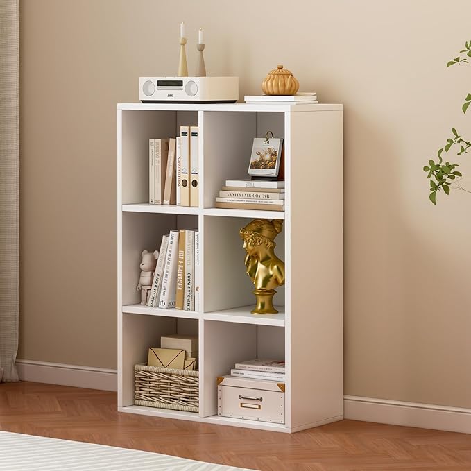 OSCHF 6-Cube Storage Shelf Bookcase - Wooden 3-Tier Floor Standing Open Bookshelf for Home and Office, Display Cabinet, Warm 