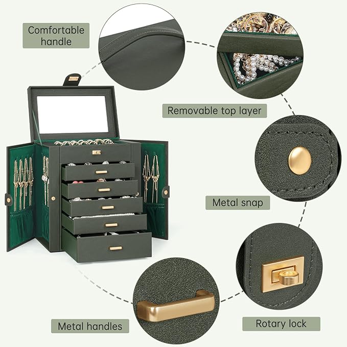 AKOZLIN 6-Tier Jewelry Box Organizer Functional 5 Drawers Leather Jewelry Storage Case for Women Girls Ring Necklace Earring 