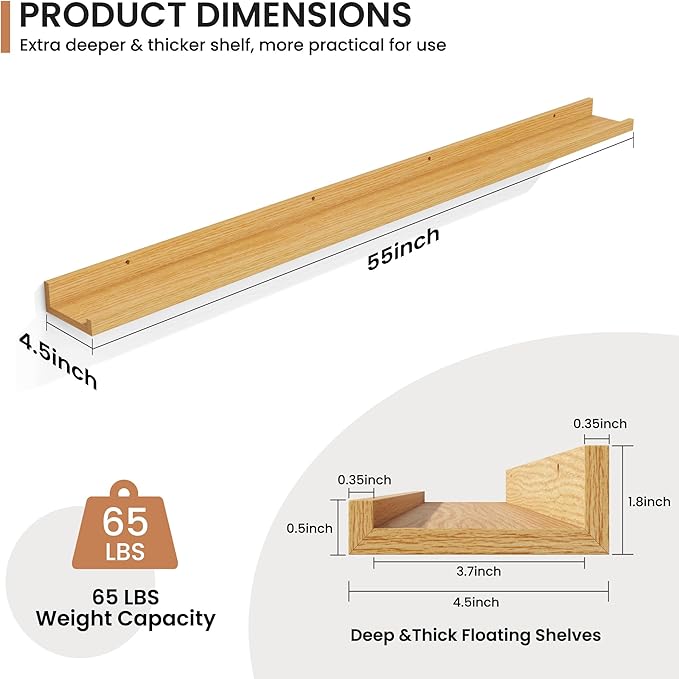 Fun Memories Picture Ledge Shelves Set of 2, 55 Inch Rustic Wall Mounted Floating Shelves with Lip for Home Storage and Décor