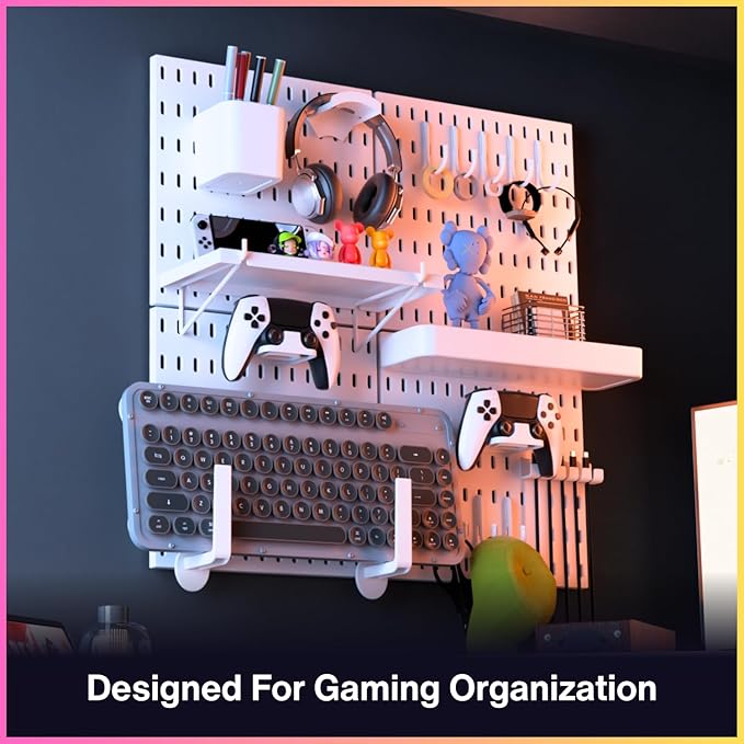 Keepo Peg Board Wall Organizer for Gaming Setup, Pegboard with Adhesives & Screw Mounts, Includes Peg Board Accessories for G