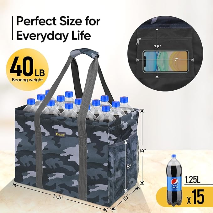 BALEINE Extra Large Utility Tote Bag with Reinforced Wire Frame, Reusable Grocery Bag for Shopping, Picnic (Grey Camouflage, 16.5''x14''x10'')