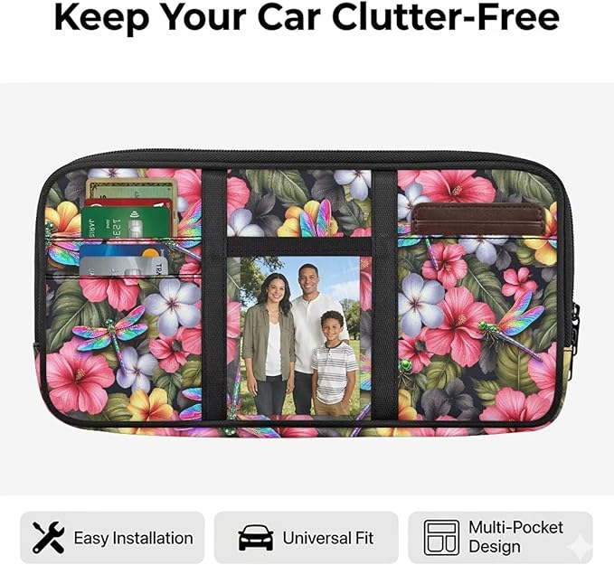 Dragonfly Floral Zippered Car Sun Visor Organizer Pens with Picture Holder Pouch for Electronics with Adjustable Straps and Multi-Pocket Easy Installation Universal Fit for Most Cars SUV