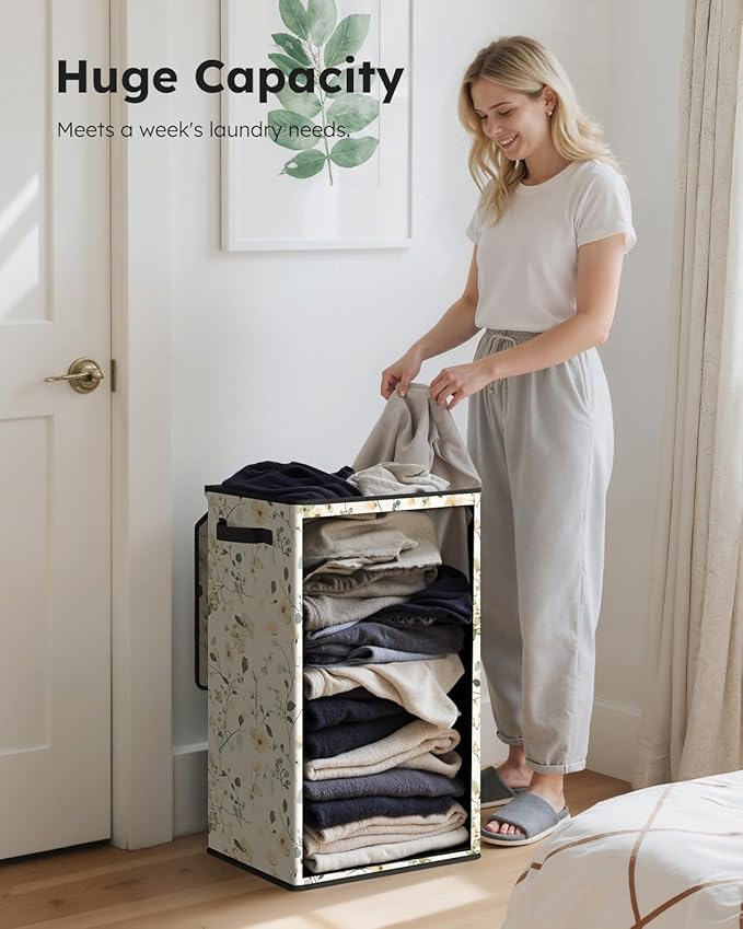 SOLEDI Laundry Hamper with Lid, 90L Tall & Large Floral Laundry Basket, Collapsible Clothes Hamper with Removable Bag, Dirty 