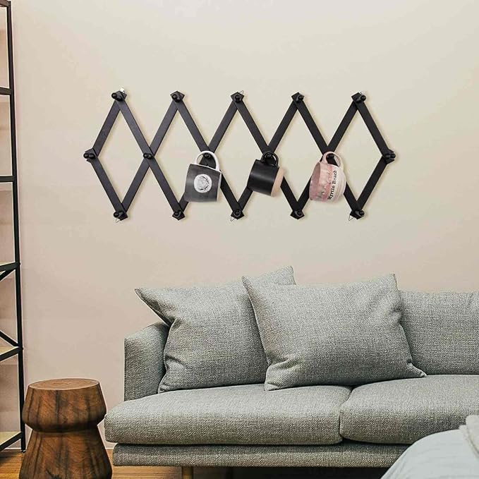 SCUNDA Accordion Wall Hanger with 16 Hooks, Wooden Wall Expandable Coat Rack for Coat, Hats, Baseball Caps, Coffee Mug, Jewel