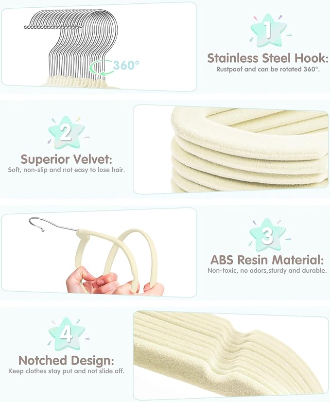 VIS'V Baby Hangers, 11 Inch Velvet Kids Hangers with 6 Pcs Clothes Size Dividers, Infant Toddler Nursery Closet Organization,