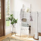 ELYKEN Blanket Ladder, 5-Tier Farmhouse Wooden Rack with Synthetic Leather Pocket, 4 Removable Hooks, Decorative Leaning Ladd