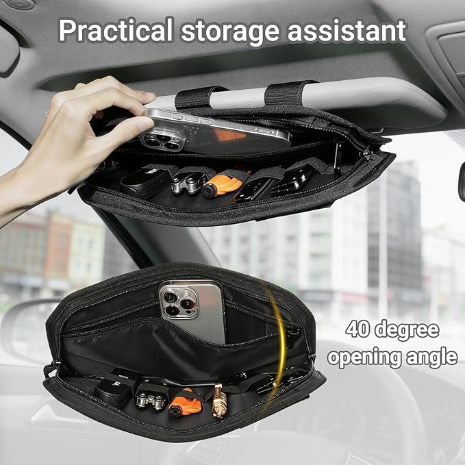 Car Sun Visor Organizer, Adjustable Straps Tactical Visor Organizers with 1000D Polyester Zipper Visor Storage Pouch & Sunglasses Holder Clip, Fits Most Vehicles, SUVs, Pockets, Trucks (Black)