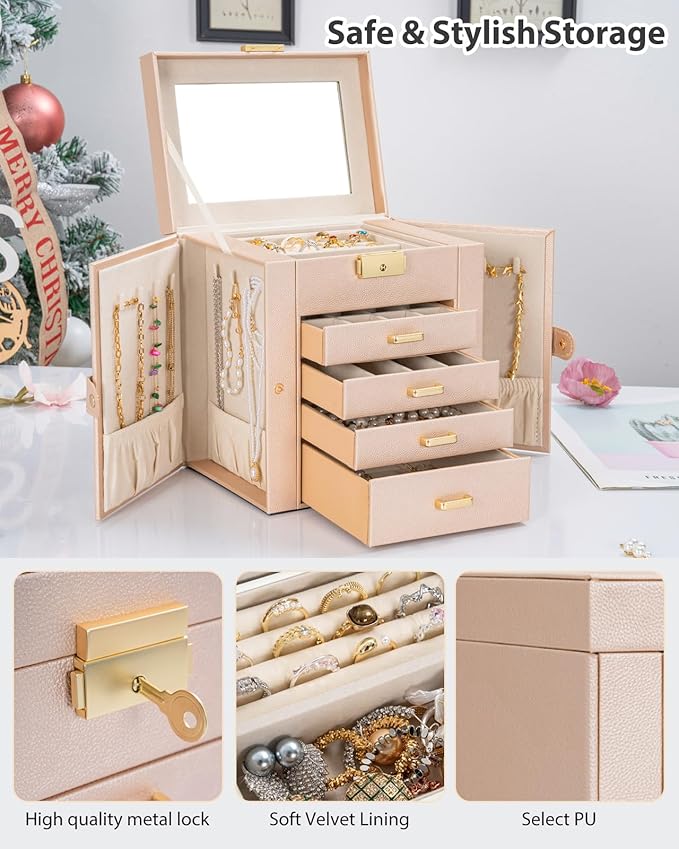 AKOZLIN 5-Tier Jewelry Box Leather Jewelry Storage Organizer with 4 Drawers Lockable for Women Girls Ring Necklace Earring Br