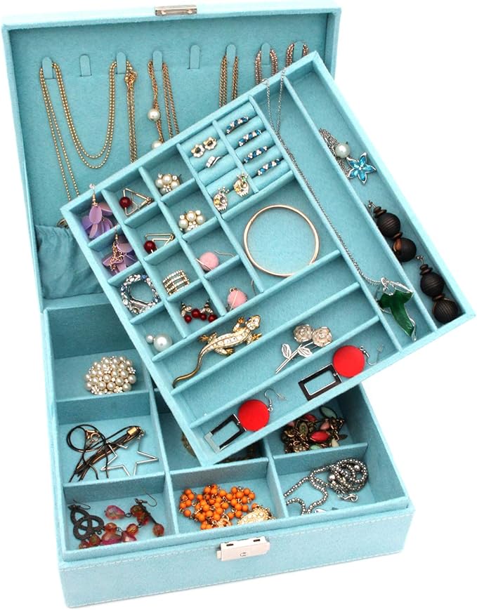 Two-Layer lint Jewelry Box Organizer Display Storage case with Lock (Blue)