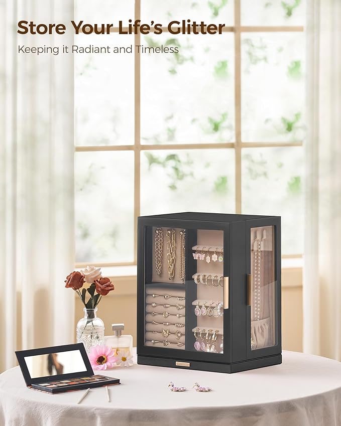 Glimmloop 360° Rotating Jewelry Box with 5 Drawers, Spacious Vertical Jewelry Organizer with Glass Window, Jewelry Storage Ca