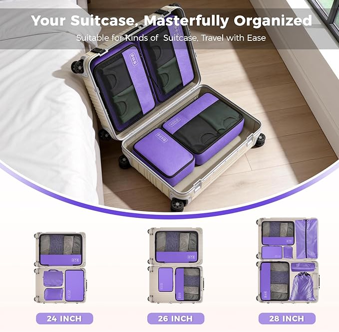 8-Piece Compression Packing Cubes for Travel, Elegant Ultralight Luggage Organizer Set for Women, Space Saving for Carry-On, 