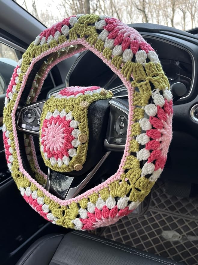 Crochet Sunflower Car Steering Wheel Covers Universal 14-15 inch for Women/Men (A:Wheel Cover+2 Belt Cover)