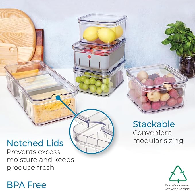iDesign Crisp 5-Piece Recycled Plastic Refrigerator Organizer Bin Set with Lids, Clear/Gray