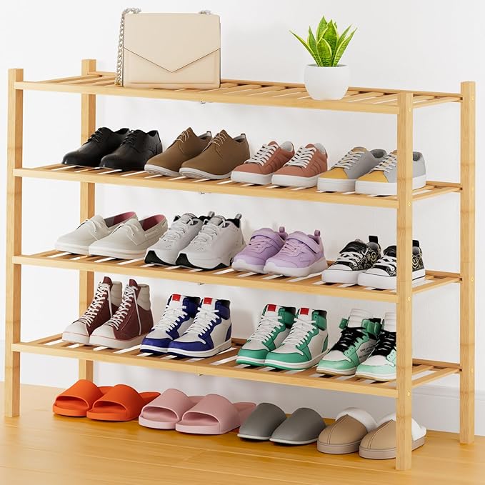 Smiry Shoe Rack, 4 Tier Thick Long Bamboo Shoe Organizer, Stackable Free Standing Wooden Shoe Storage Shelf for Closet, Entry
