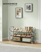 SONGMICS 3-Tier Shoe Rack, Shoe Storage for Hallway Closet, Slim and Space-Saving, Metal Frame, Non-Woven Fabric Shelves, Gre