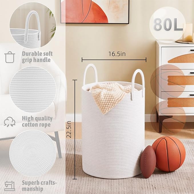 Artfeel Laundry Basket,Woven Cotton Rope Laundry Hamper,80L for Decorative Storage of Dirty Clothes,Toys and Blankets in Bath